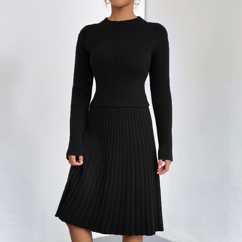 Elegant Knit Sweater Skirt Set Autumn Winter Black A- line skirt