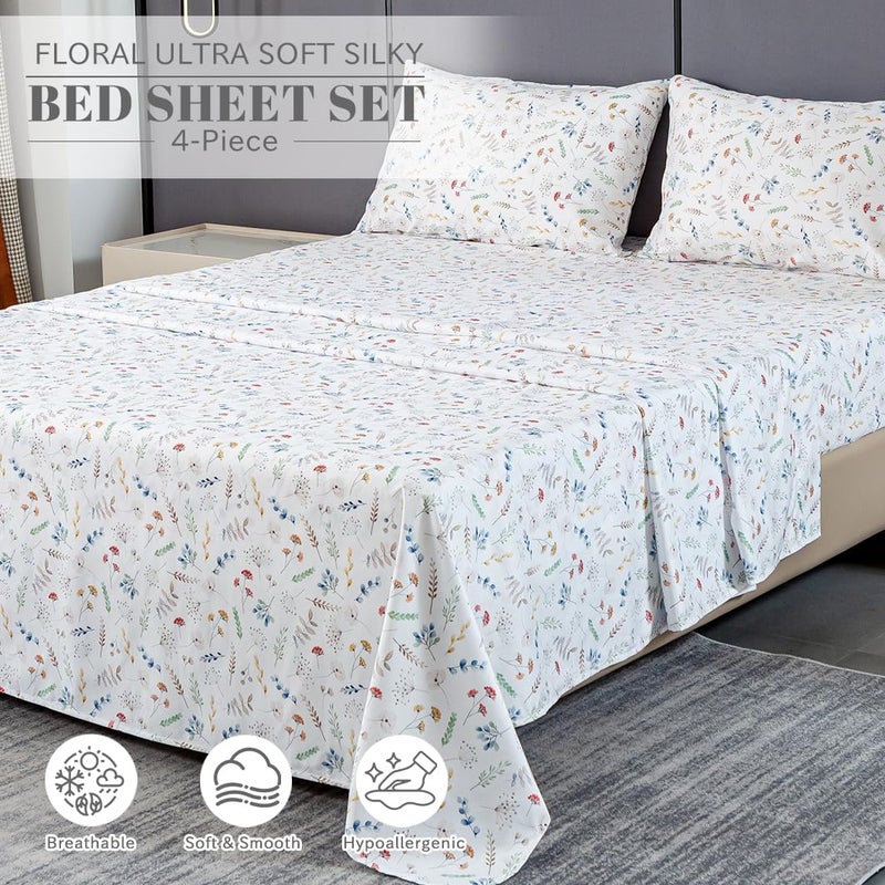 Bedlifes Full Sheet Set Ultra Soft, Breathable, Silky Flower Deep Pocket 100% Microfiber Bedding, 4 Piece Full Size White Floral - Image 2