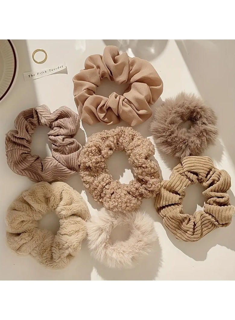 Ucanbe 7pcs Women's Plush Hair Scrunchies in Coffee Tones - Soft Teddy Fleece, Cute & Sweet Style, Solid Color Elastic Bands for Autumn & Winter - Elegant, Lightweight Hair Accessories, Scrunchies for Hair  - Image 1