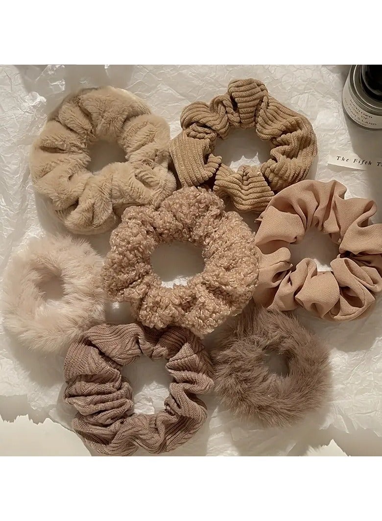 Ucanbe 7pcs Women's Plush Hair Scrunchies in Coffee Tones - Soft Teddy Fleece, Cute & Sweet Style, Solid Color Elastic Bands for Autumn & Winter - Elegant, Lightweight Hair Accessories, Scrunchies for Hair  - Image 5