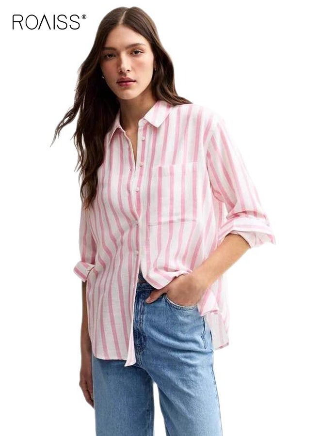 roaiss Spring Women's Long Sleeve Popover Shirt Fashionable Checkered Shirt Casual Button Polo Shirt for Everyday Wear Loose Fit Lapel Collar Tops with Pocket - Image 1