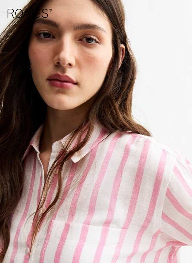 roaiss Spring Women's Long Sleeve Popover Shirt Fashionable Checkered Shirt Casual Button Polo Shirt for Everyday Wear Loose Fit Lapel Collar Tops with Pocket - Image 3