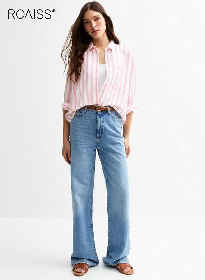 roaiss Spring Women's Long Sleeve Popover Shirt Fashionable Checkered Shirt Casual Button Polo Shirt for Everyday Wear Loose Fit Lapel Collar Tops with Pocket - Image 2