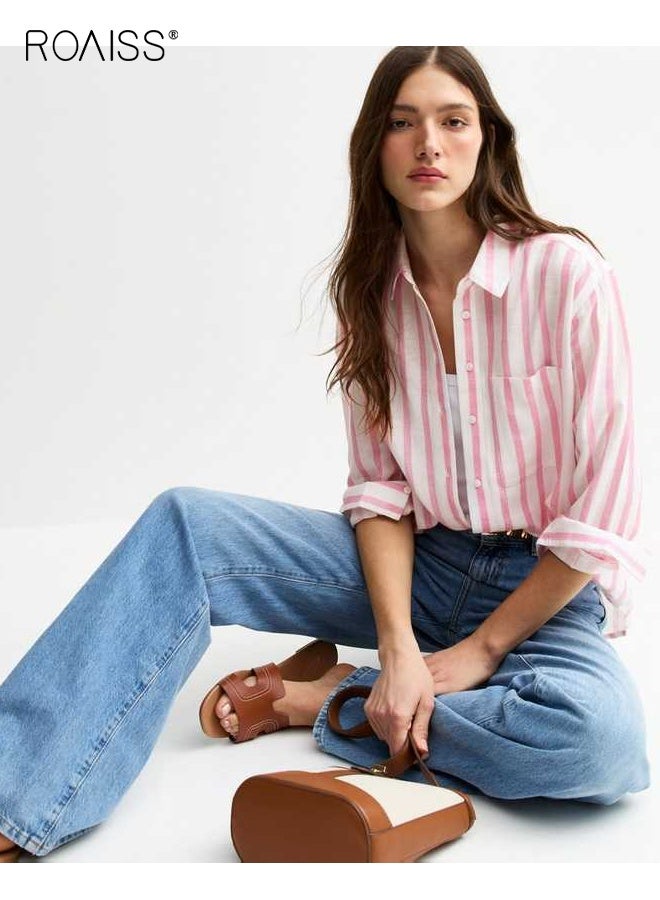 roaiss Spring Women's Long Sleeve Popover Shirt Fashionable Checkered Shirt Casual Button Polo Shirt for Everyday Wear Loose Fit Lapel Collar Tops with Pocket - Image 4