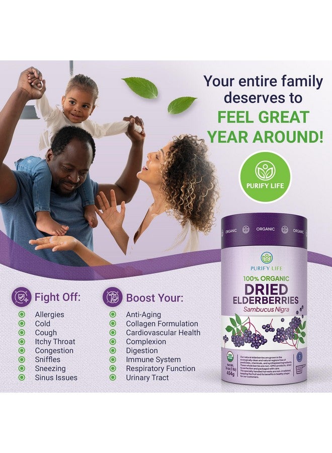 Purify Life USDA Organic Dried Elderberries 1lb Bulk (Safest Packaging, Resealable Bag, BPA-Free Scoop) Natural, non-irradiated, Raw Whole Black Elderberry, Immune Support, Make Sambucus Elderberry Syrup, 1 Pound - Image 2