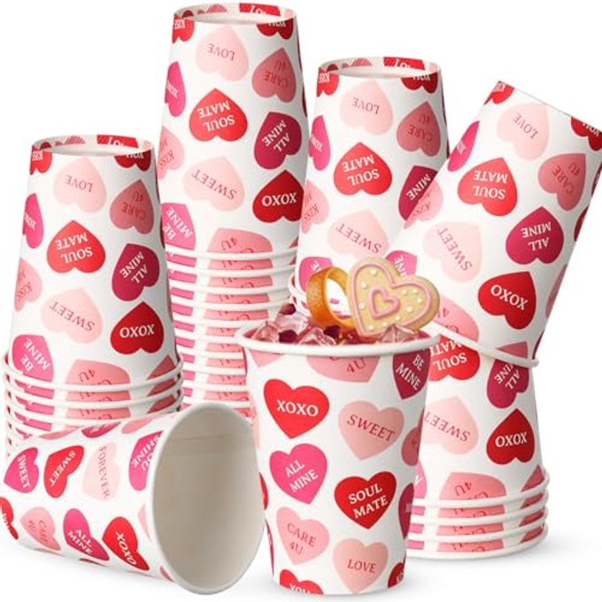 Jingmore 50 Pcs Valentine's Day Paper Cups 12 oz Valentines Coffee Cups Disposable Heart Paper Cup Hot Chocolate Tea Drinkware for Galentine's Day Party Coffee Bar Supplies(Lovely Style)