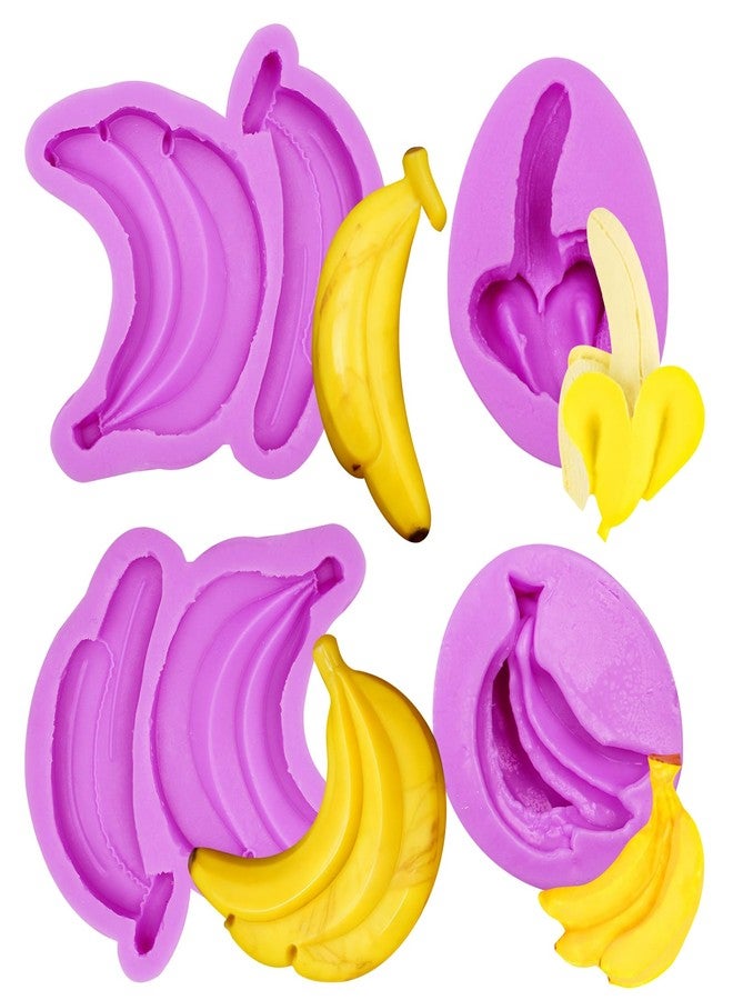 acvcatto 3D Banana Silicone Mold, Fruit Cake Decorating Fondant Molds, for Cupcake Toopers Kitchen Baking Bread Biscuit Making Mousse Almond Sugar Plaster Clay Resin, 4-Piece Set - Image 1