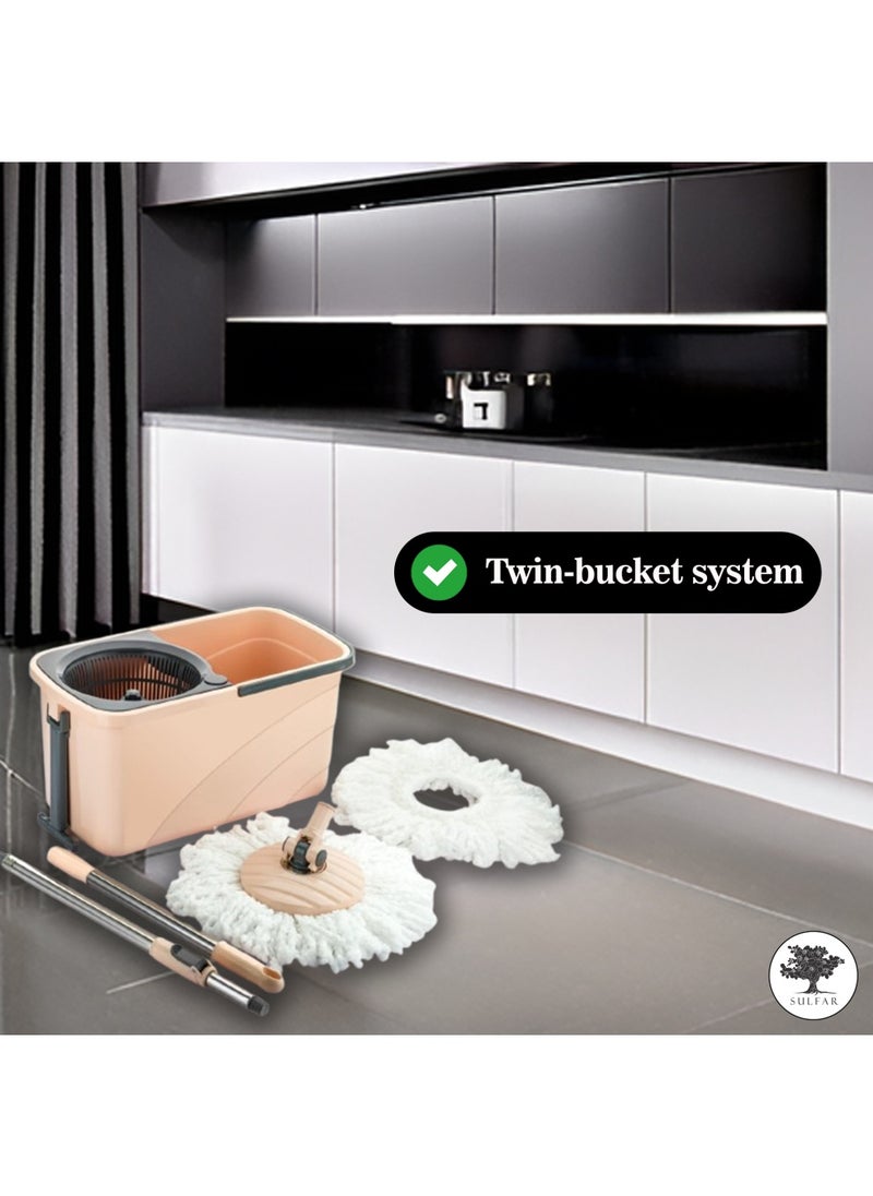 Sulfar Spin Bucket Mop Set with Plastic Wringer and Auto-fold Handle, Peach, (1 Extra Refill) - pzsku/ZFB7EB98D9B0109B96DA0Z/45/_/1733915870/9165a7be-662b-4cda-ba61-3ed23acaacde