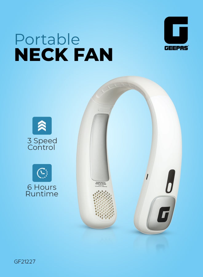 GEEPAS Portable Neck Fan- GF21227/ 6 Hours Long Working Time, 3 Speed Levels/ Digital Display, Lightweight, Rechargeable for Indoor and Outdoor Use/ Silent, Safe and Secure/ White, 2 Years Warranty GF21227 white - Image 1