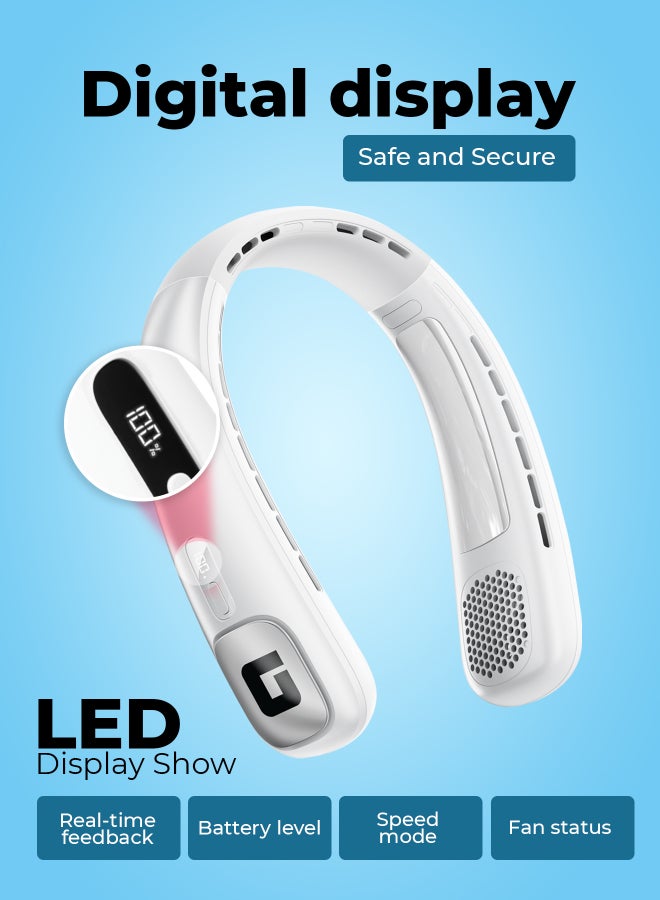 GEEPAS Portable Neck Fan- GF21227/ 6 Hours Long Working Time, 3 Speed Levels/ Digital Display, Lightweight, Rechargeable for Indoor and Outdoor Use/ Silent, Safe and Secure/ White, 2 Years Warranty GF21227 white - Image 2