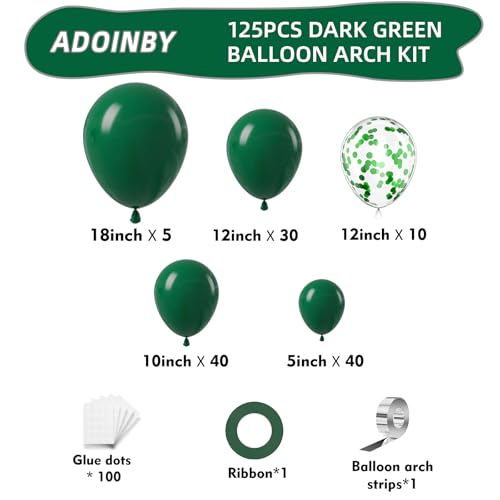 ADOINBY Green Balloon Arch Kit 125Pcs Emerald Hunter Dark Green Latex Balloon Garland kit 18 12 10 5 Inch Different Size Balloons for Anniversary Birthday Jungle Theme Christmas Party Decorations - Image 3