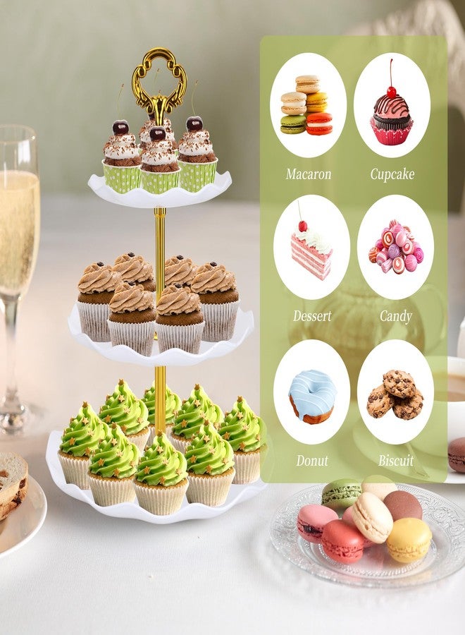 FARQAN 6 Pcs Cupcake Stand Dessert Table Display Set 2 Pcs 3 Tier Plastic Cake Stand Holder 4 Pcs Dessert Serving Tray Cookie Platter Rack Tower for Tea Party Wedding Baby Shower (Round White; Gold rods) - Image 4