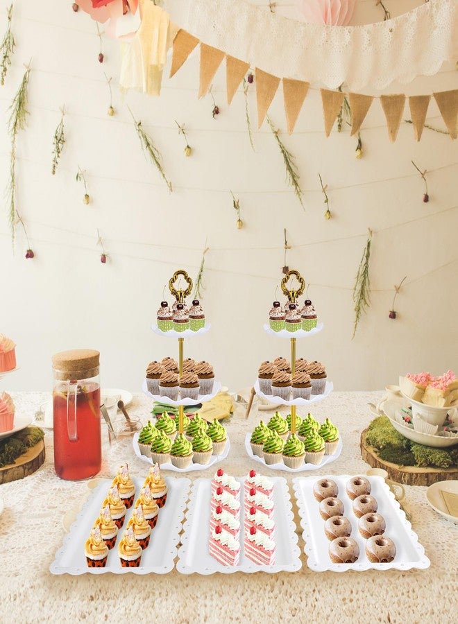 FARQAN 6 Pcs Cupcake Stand Dessert Table Display Set 2 Pcs 3 Tier Plastic Cake Stand Holder 4 Pcs Dessert Serving Tray Cookie Platter Rack Tower for Tea Party Wedding Baby Shower (Round White; Gold rods) - Image 5
