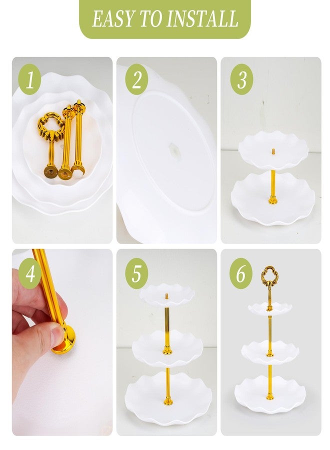 FARQAN 6 Pcs Cupcake Stand Dessert Table Display Set 2 Pcs 3 Tier Plastic Cake Stand Holder 4 Pcs Dessert Serving Tray Cookie Platter Rack Tower for Tea Party Wedding Baby Shower (Round White; Gold rods) - Image 3
