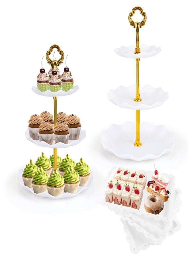 FARQAN 6 Pcs Cupcake Stand Dessert Table Display Set 2 Pcs 3 Tier Plastic Cake Stand Holder 4 Pcs Dessert Serving Tray Cookie Platter Rack Tower for Tea Party Wedding Baby Shower (Round White; Gold rods) - Image 1