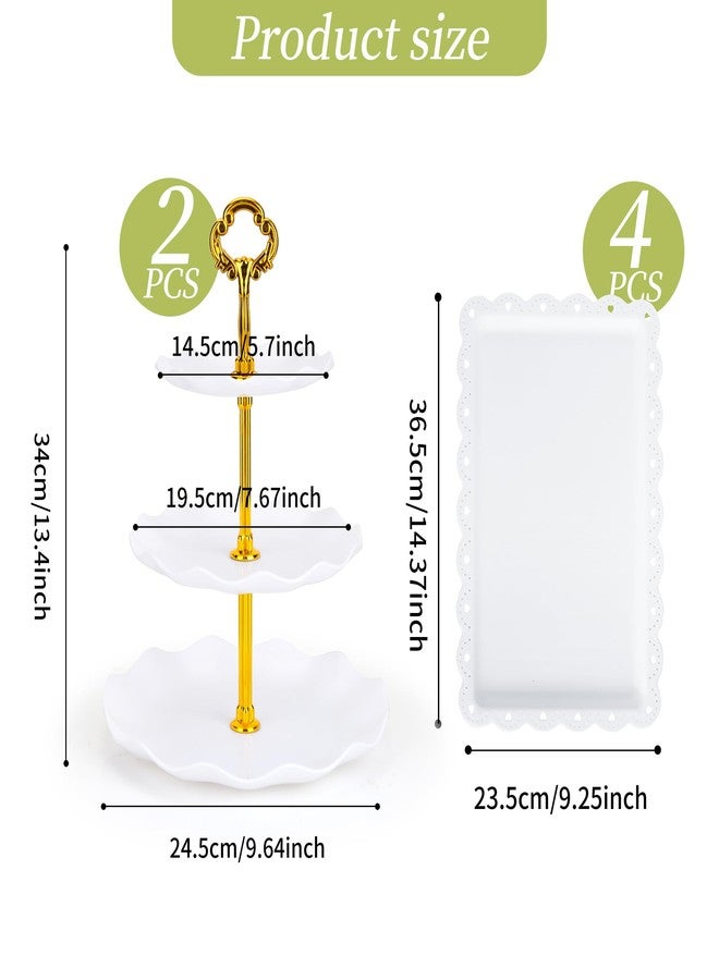FARQAN 6 Pcs Cupcake Stand Dessert Table Display Set 2 Pcs 3 Tier Plastic Cake Stand Holder 4 Pcs Dessert Serving Tray Cookie Platter Rack Tower for Tea Party Wedding Baby Shower (Round White; Gold rods) - Image 2