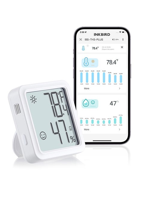 INKBIRD مقياس حرارة ورطوبة لاسلكي عبر واي فاي (موديل IBS-TH3-PLUS-WIFI) مع شاشة LCD وتنبيهات عبر التطبيق - تخزين بيانات لمدة عام واحد ومراقبة عن بُعد مقياس حرارة ورطوبة ذكي عبر