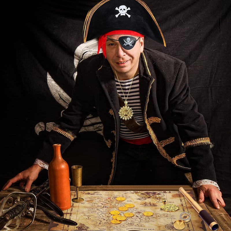 Woanger 17 Piece Set Pirate Monocular Telescope Treasure Map Pirate Hat Eye Patch Pocket Compass Pirate Necklace Plastic Coins with Velvet Bag for Pirate Party Supplies  - Image 5