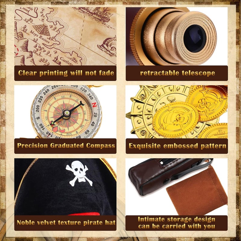 Woanger 17 Piece Set Pirate Monocular Telescope Treasure Map Pirate Hat Eye Patch Pocket Compass Pirate Necklace Plastic Coins with Velvet Bag for Pirate Party Supplies  - Image 3