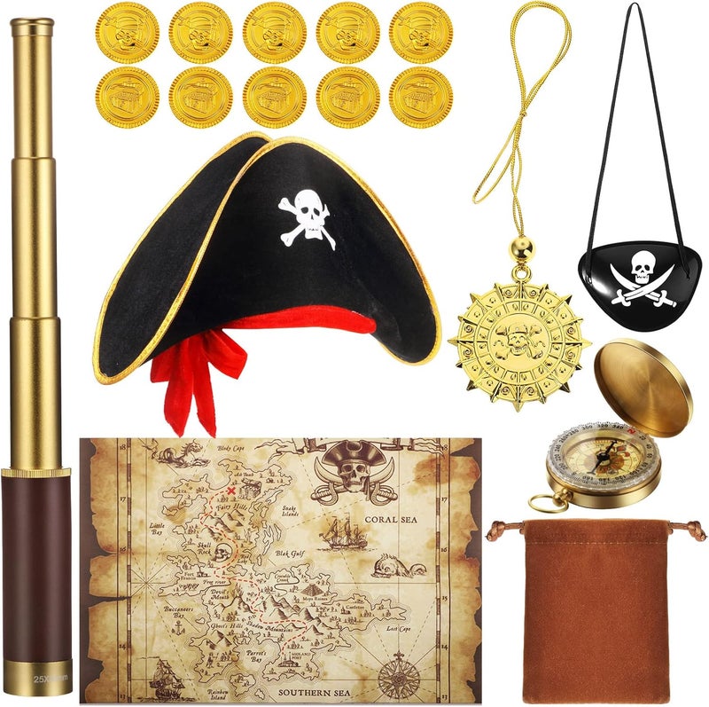 Woanger 17 Piece Set Pirate Monocular Telescope Treasure Map Pirate Hat Eye Patch Pocket Compass Pirate Necklace Plastic Coins with Velvet Bag for Pirate Party Supplies  - Image 1