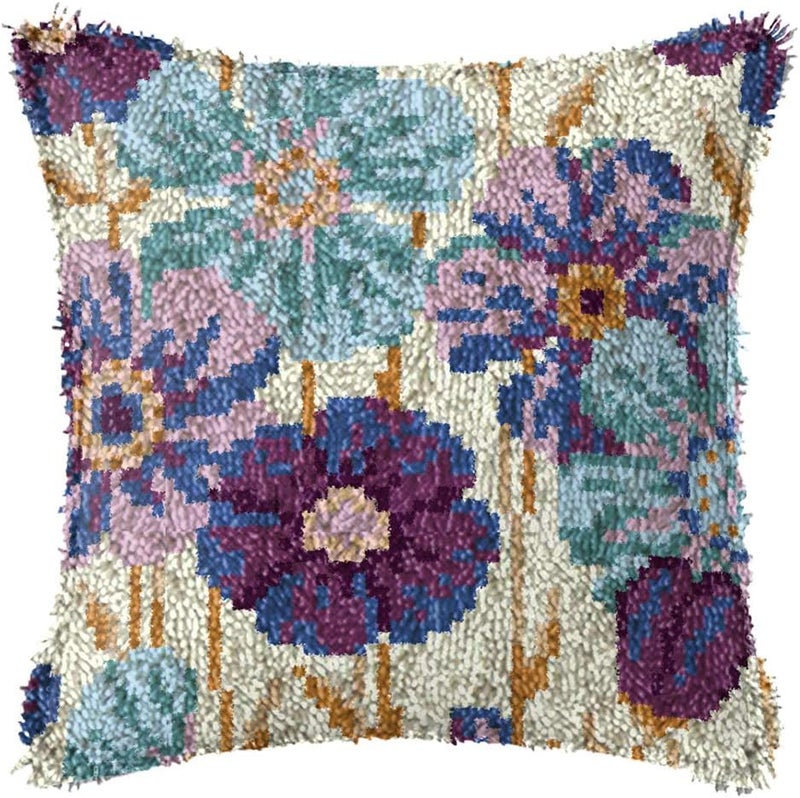 LAPATAIN Latch Hook Kits for DIY Throw Pillow Cover,Purple Flowers Pattern Needlework Cushion Cover Hand Craft Crochet for Great Family 17x17inch - Image 1
