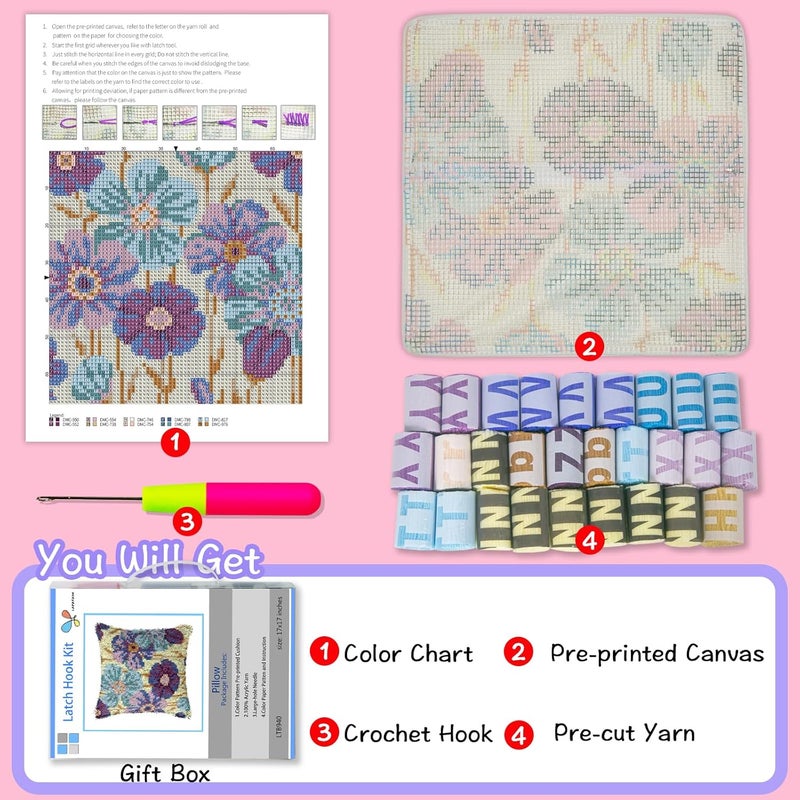 LAPATAIN Latch Hook Kits for DIY Throw Pillow Cover,Purple Flowers Pattern Needlework Cushion Cover Hand Craft Crochet for Great Family 17x17inch - Image 2
