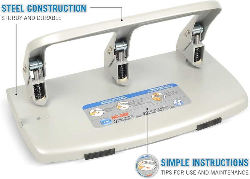 CARL HC-340 Medium-Duty 3 Hole Paper Punch with 40 Sheet Capacity - Metallic - Image 2