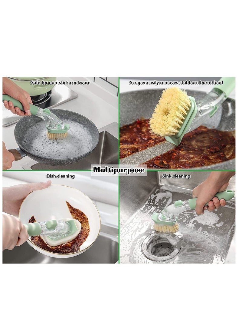 Generic - Soap Dispensing Dish Brush with Handle, Kitchen Washing Scrubber for Dishes Pots Pans Sink Cleaning, Natural Sisal Bristles, Sponge Brush, 4 Replaceable Heads - Image 1