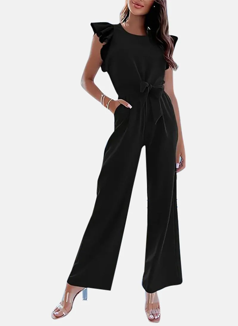 يونيكي Black Solid Relaxed Fit Round Neck Jumpsuit