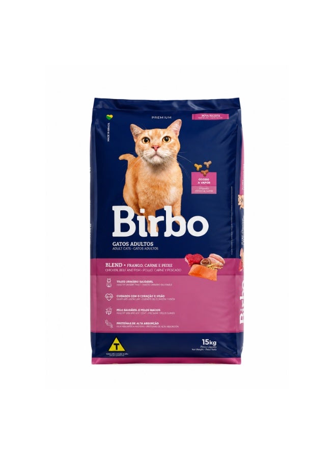 Birbo Premium Adult Cat Food 15kg - Brazilian Steamed Dry Food with Chicken, Beef & Fish Blend, Supports Urinary Health, Heart, Vision, Skin & Coat with Taurine & Omega 3-6 for Multi-Cat Households