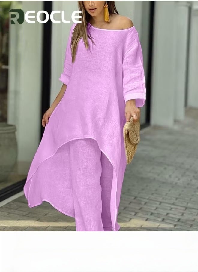 REOCLE Large Size Irregular Long-sleeved Suit Wide-leg Pants Two-piece Set New Women's Cotton and Linen Fashion Casual Loose Solid Color - Image 3