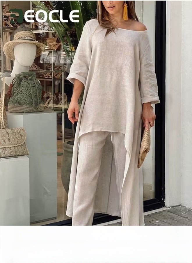 REOCLE Large Size Irregular Long-sleeved Suit Wide-leg Pants Two-piece Set New Women's Cotton and Linen Fashion Casual Loose Solid Color - Image 2