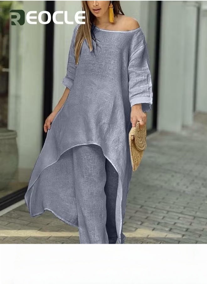 REOCLE Large Size Irregular Long-sleeved Suit Wide-leg Pants Two-piece Set New Women's Cotton and Linen Fashion Casual Loose Solid Color - Image 5
