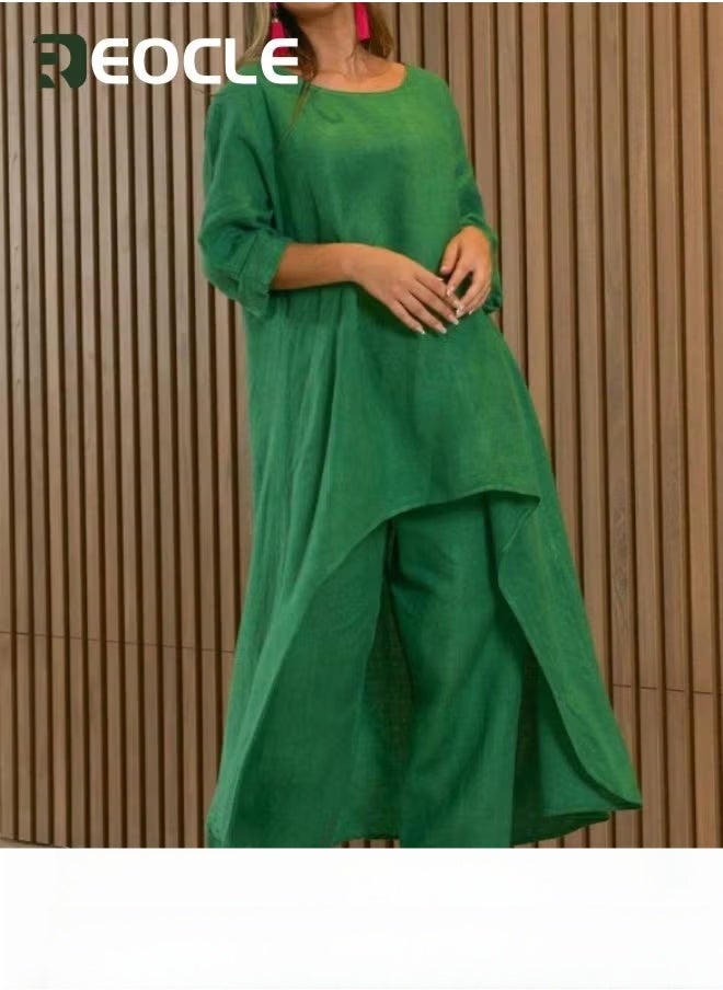 REOCLE Large Size Irregular Long-sleeved Suit Wide-leg Pants Two-piece Set New Women's Cotton and Linen Fashion Casual Loose Solid Color - Image 4