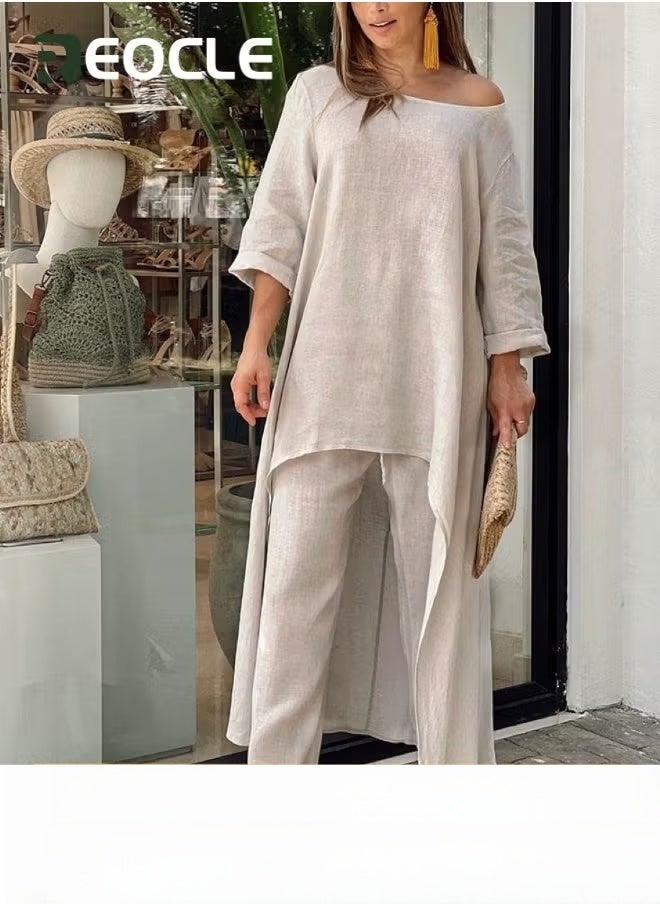 REOCLE Large Size Irregular Long-sleeved Suit Wide-leg Pants Two-piece Set New Women's Cotton and Linen Fashion Casual Loose Solid Color - Image 1