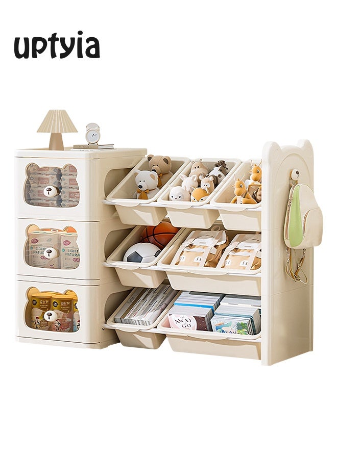 أوبتيا منظم تخزين الألعاب مع 4 أدراج و 10 صناديق، منظمات تخزين الألعاب على شكل رف كتب كرتوني لطيف على شكل دب، رف صناديق للأطفال لتنظيم غرفة النوم وغرفة اللعب، صناديق ألعاب حديثة للأطفال (3 طوابق) - Image 1