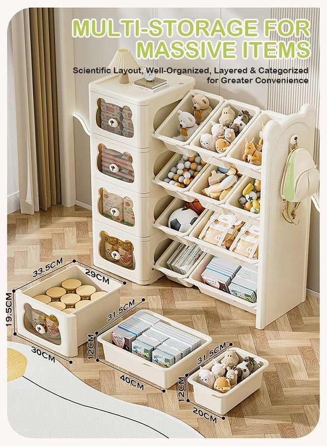 أوبتيا منظم تخزين الألعاب مع 4 أدراج و 10 صناديق، منظمات تخزين الألعاب على شكل رف كتب كرتوني لطيف على شكل دب، رف صناديق للأطفال لتنظيم غرفة النوم وغرفة اللعب، صناديق ألعاب حديثة للأطفال (3 طوابق) - Image 3