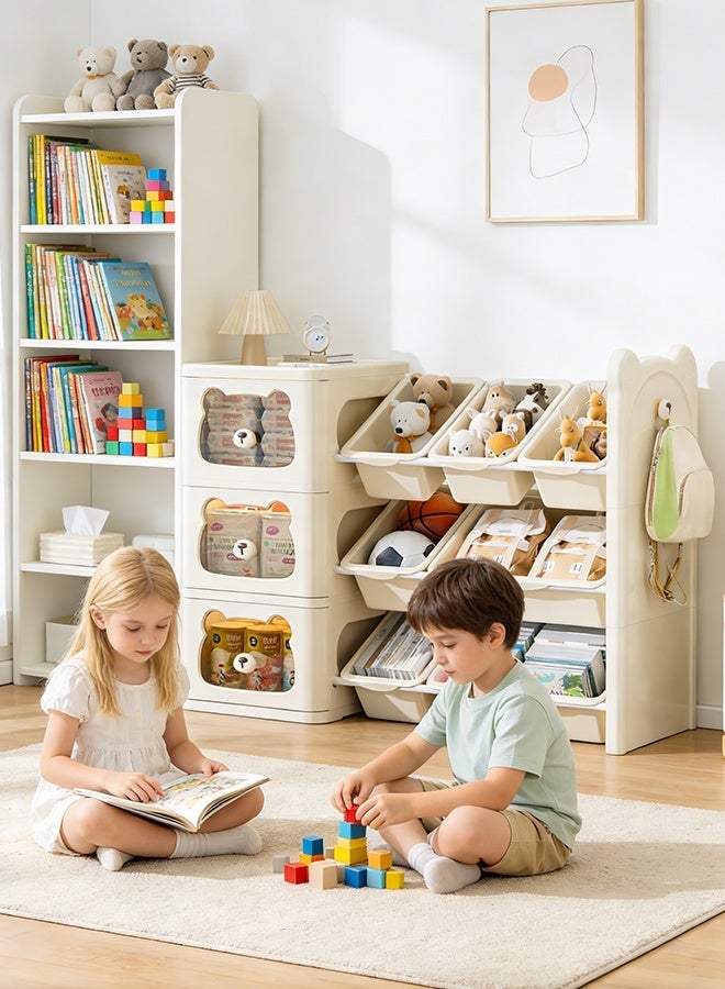 أوبتيا منظم تخزين الألعاب مع 4 أدراج و 10 صناديق، منظمات تخزين الألعاب على شكل رف كتب كرتوني لطيف على شكل دب، رف صناديق للأطفال لتنظيم غرفة النوم وغرفة اللعب، صناديق ألعاب حديثة للأطفال (3 طوابق) - Image 4