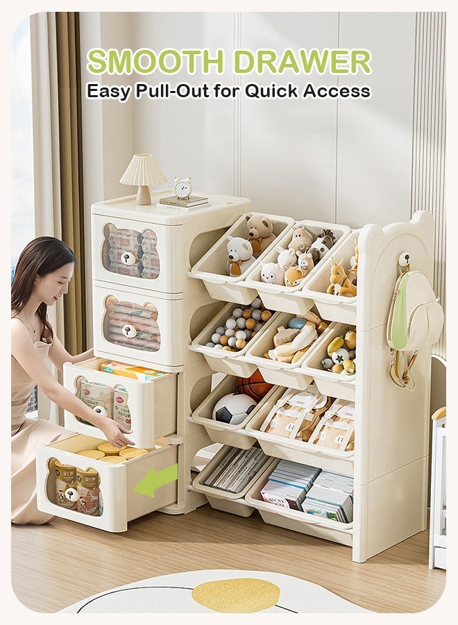أوبتيا منظم تخزين الألعاب مع 4 أدراج و 10 صناديق، منظمات تخزين الألعاب على شكل رف كتب كرتوني لطيف على شكل دب، رف صناديق للأطفال لتنظيم غرفة النوم وغرفة اللعب، صناديق ألعاب حديثة للأطفال (3 طوابق) - Image 5