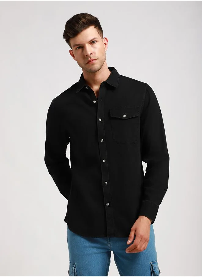 Dennis Lingo Solid Casual Shirt with Flap Pocket