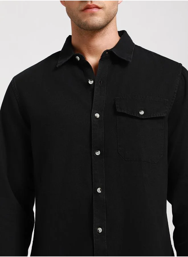 Dennis Lingo Solid Casual Shirt with Flap Pocket