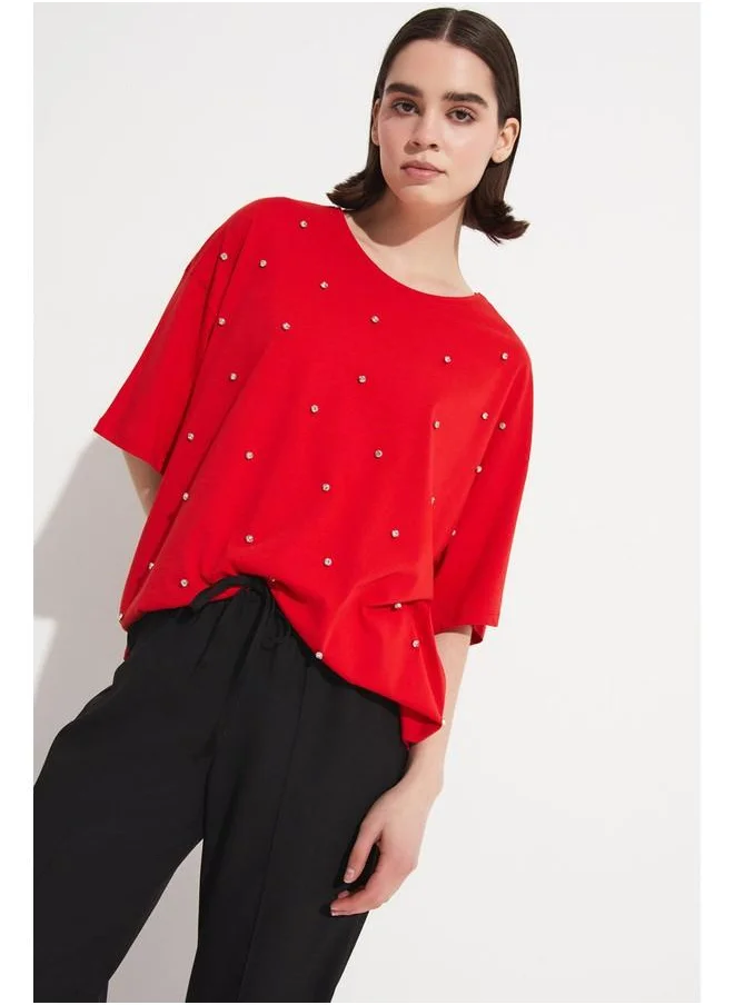 جون June Stone Detailed 100% Cotton T-Shirt Red