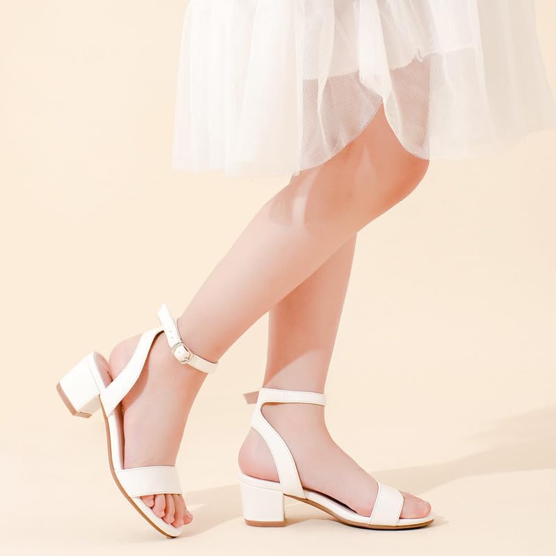 LAURMOSA Girls White Heels Sandals Open Toe Girls Dress Shoes Ankle Strap Kid High Heels Size 3 Church Communion Shoes Easter Flower Girl Wedding Party for Big Kids(L1033PWhite 3) - Image 2