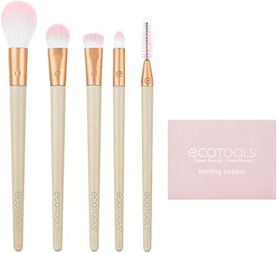 EcoTools Limited Edition Starry Glow Makeup Brush Kit Eye For Shadows Liner and Highlighter Blotting Papers Excess Oil Stocking Stuffer 6 Piece Gift Set Cream