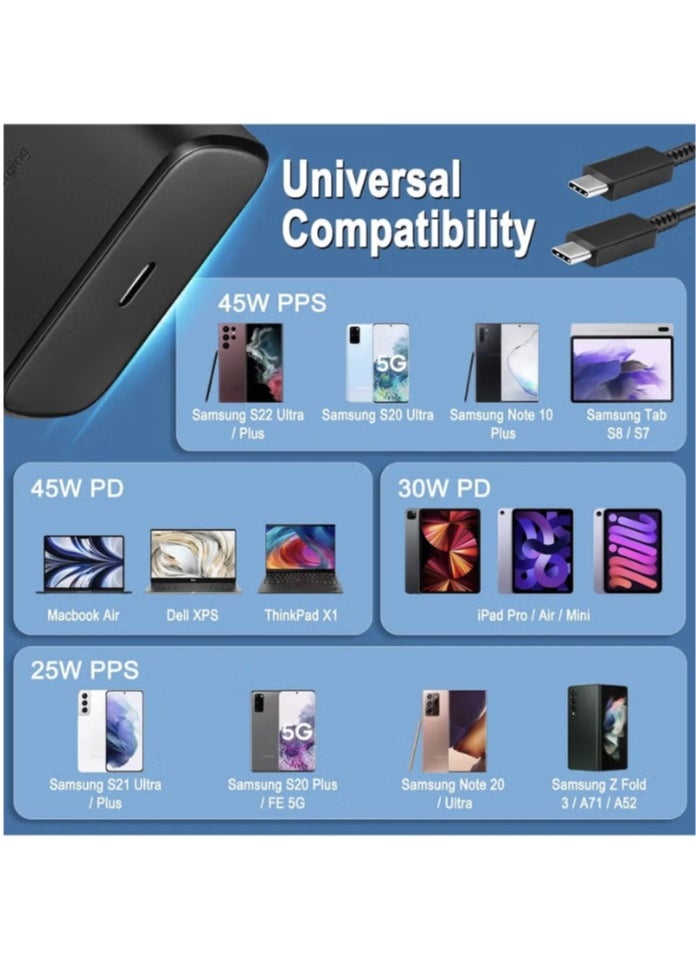 Fast Charger for Samsung Galaxy Charger Head with Charging Cable 45 watts, S23 Ultra S23 Plus S23 S23 S22 Ultra S22 S21 Ultra S21 S21 A54 A53 A52 A32-45W with Type-C 5A fast Cable