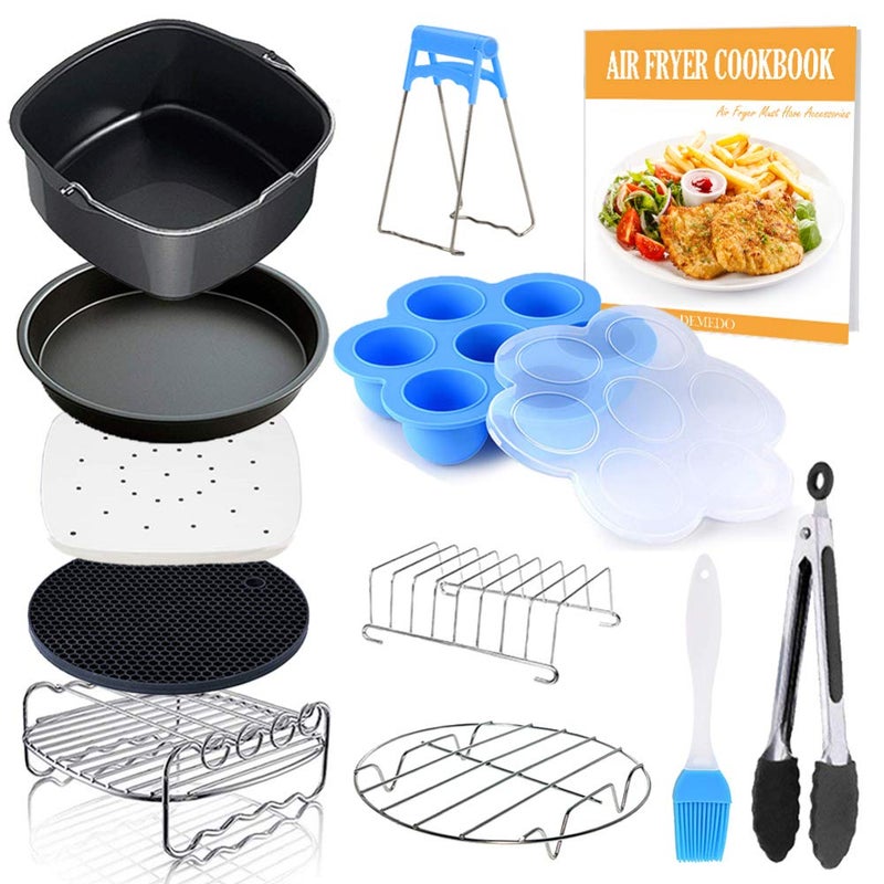 DEMEDO Square Air Fryer Accessories 11 pcs with Recipe Cookbook Compatible for Philips Air Fryer COSORI and other Square AirFryers and Oven Deluxe Deep Fryer Accessories Set of 12 8 inch 