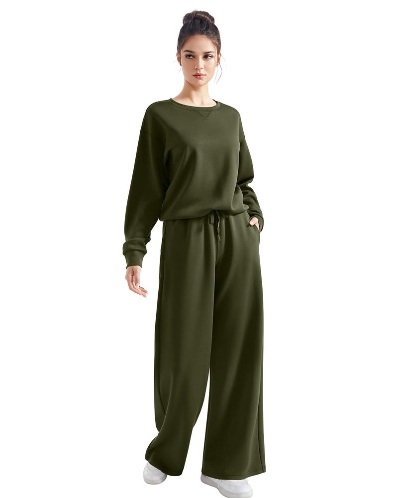 SUUKSESS Women Modal 2 piece outfits Oversized Sweatshirt Fall Lounge Set Wide Leg Pants Matching Sets (Army Green,S) - Image 5