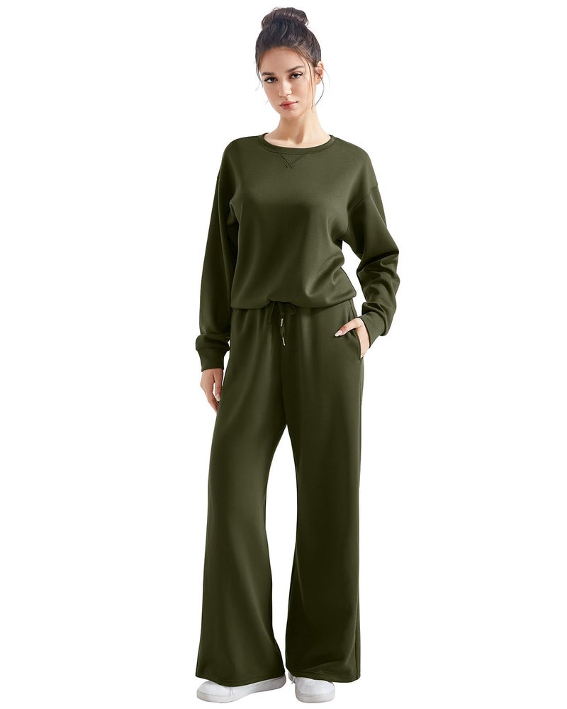 SUUKSESS Women Modal 2 piece outfits Oversized Sweatshirt Fall Lounge Set Wide Leg Pants Matching Sets (Army Green,S) - Image 4
