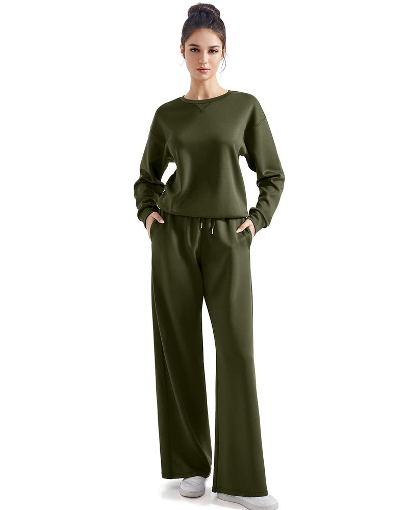 SUUKSESS Women Modal 2 piece outfits Oversized Sweatshirt Fall Lounge Set Wide Leg Pants Matching Sets (Army Green,S) - Image 1