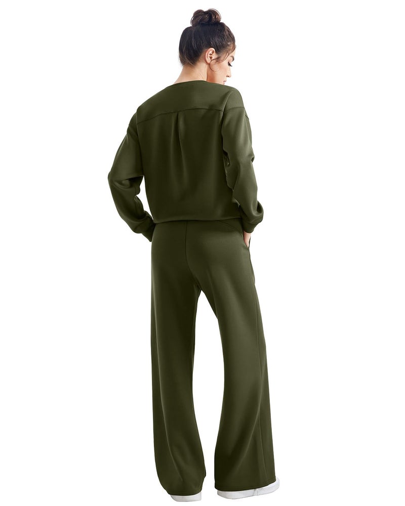 SUUKSESS Women Modal 2 piece outfits Oversized Sweatshirt Fall Lounge Set Wide Leg Pants Matching Sets (Army Green,S) - Image 3
